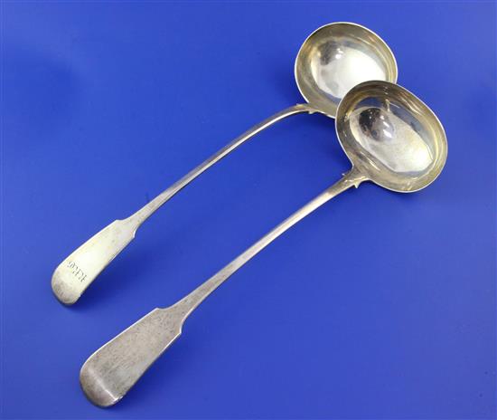 Two George IV Scottish silver fiddle pattern soups ladles, 12.5 oz.
